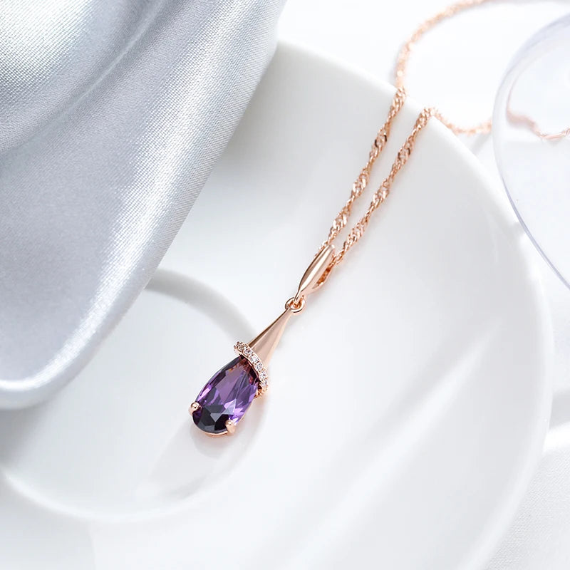 Colar Feminino Cobre Ametista Gota Bail Cônico Zircônia Meia-Lua Ouro Rosé 585