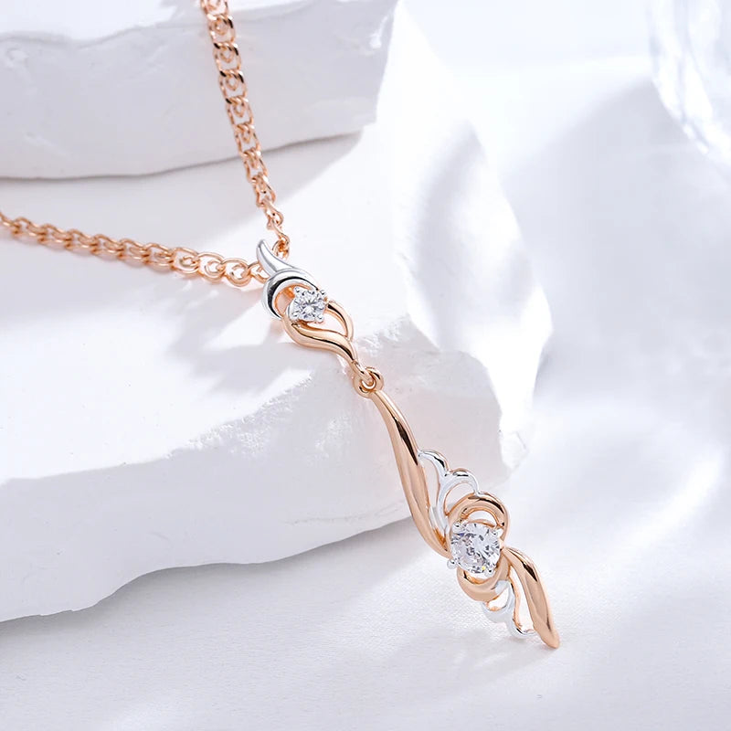 Colar Feminino Cobre Drop Ondulado Bicolor Zircônia Ouro Rosé Prata 585
