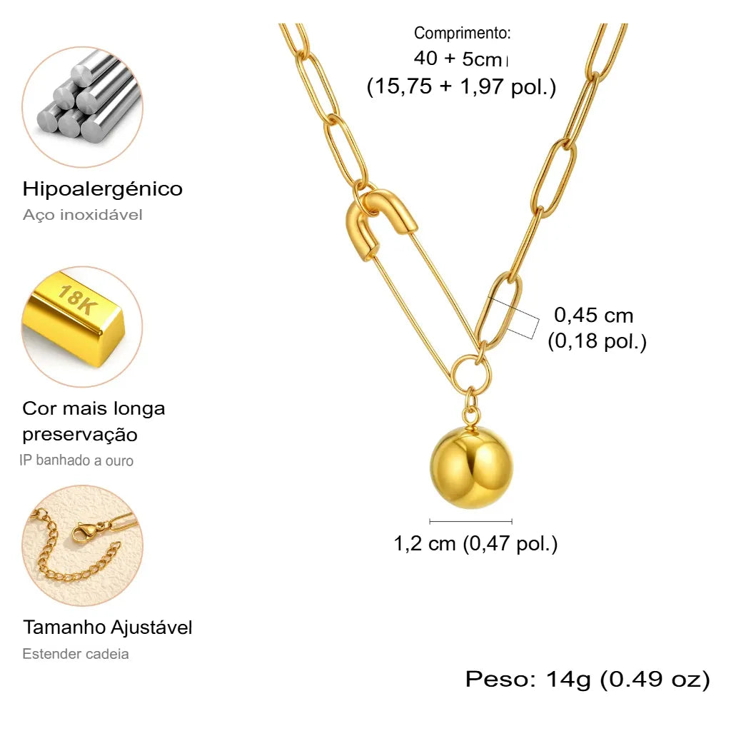 Colar Feminino Pingente Bola Corrente Clip Em Aço Inoxidável Banhado Ouro 18k