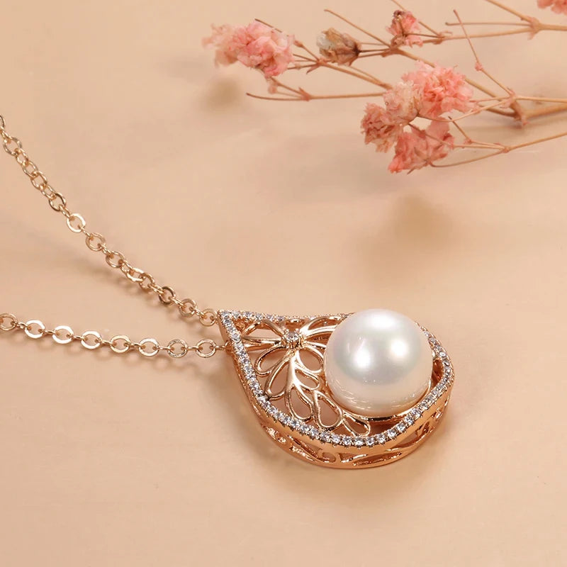 Colar Feminino Cobre Pérola Gota Filigrana Floral Pavê Zircônia Ouro Rosé 585