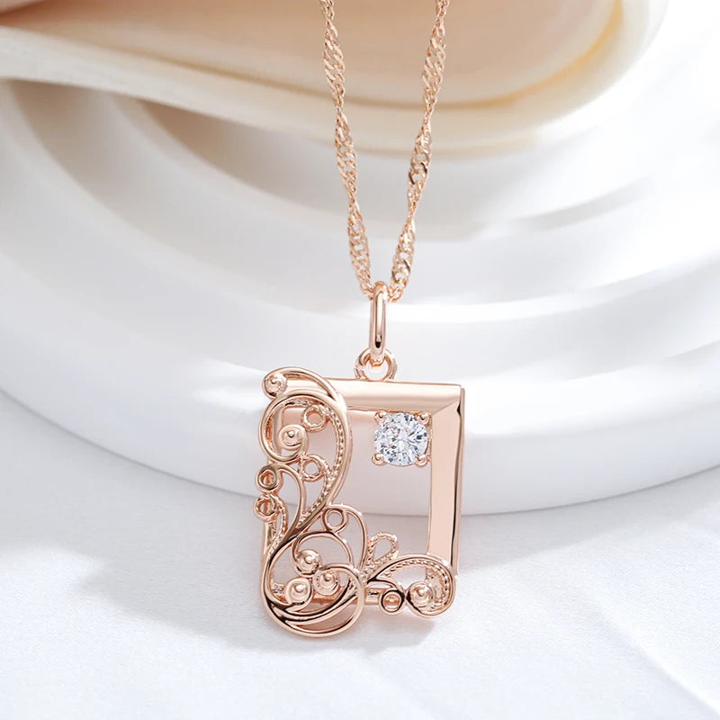 Colar Feminino Cobre Quadrado Arabesco Floral Zircônia Ouro Rosé 585