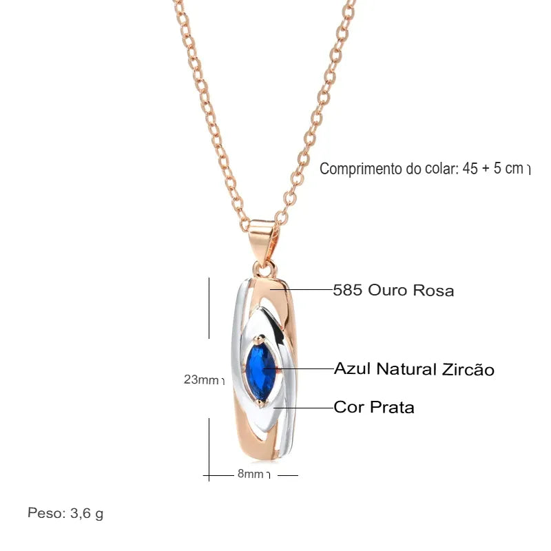 Colar Feminino Cobre Placa Onda Azul Marquise Bicolor Ouro Rosé