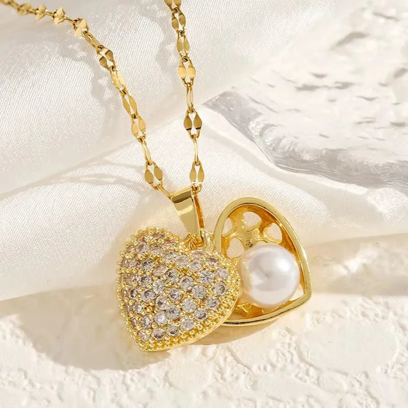 Colar Feminino Pérola Concha Coração Em Aço Inoxidável