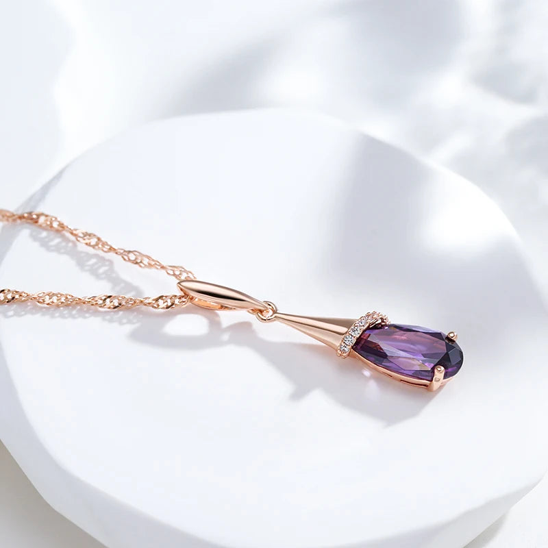 Colar Feminino Cobre Ametista Gota Bail Cônico Zircônia Meia-Lua Ouro Rosé 585