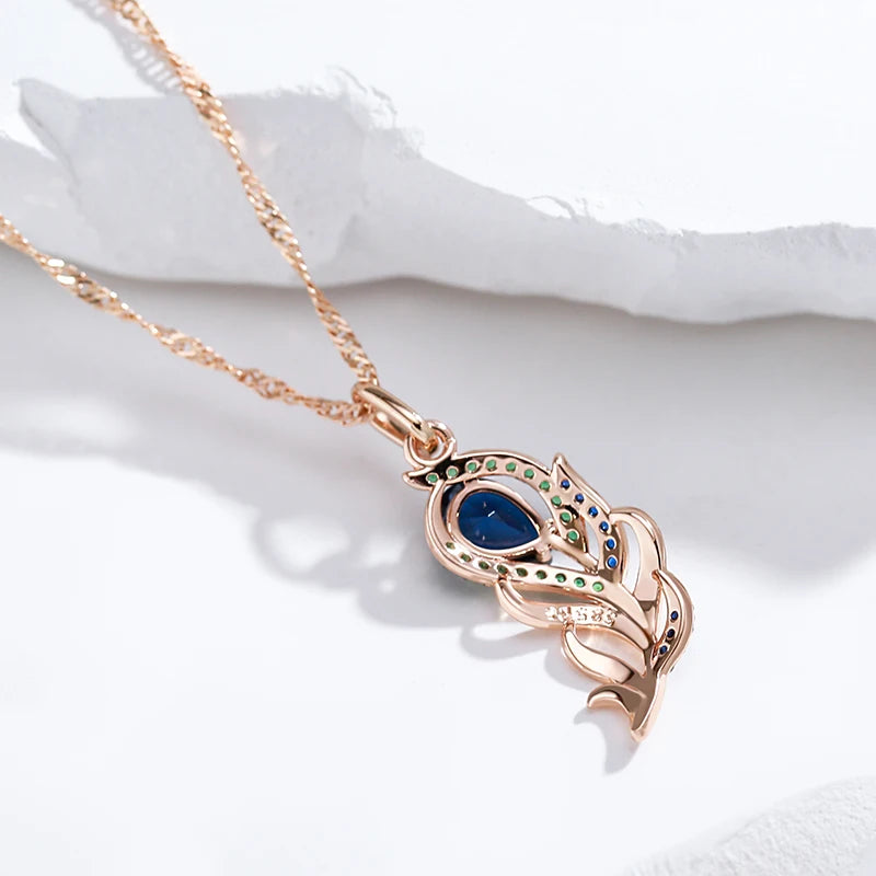 Colar Feminino Cobre Flor Zircônia Azul e Verde Vintage Ouro Rosé