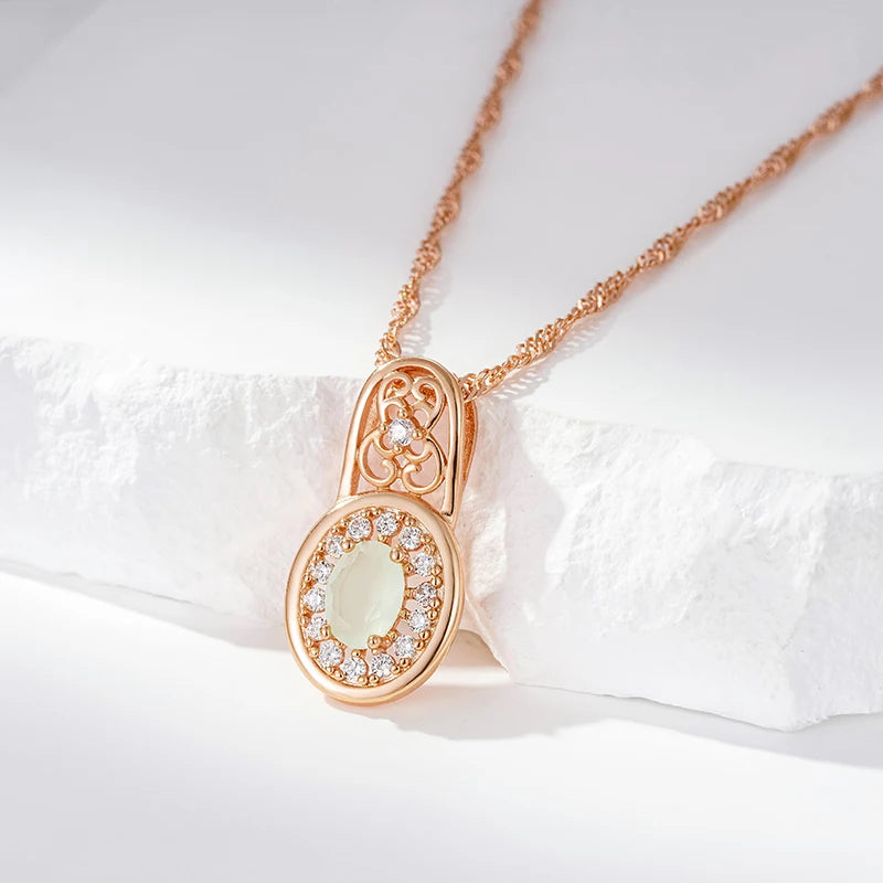 Colar Feminino Cobre Circular Jade Verde Halo Zircônia Arabesco Ouro Rosé