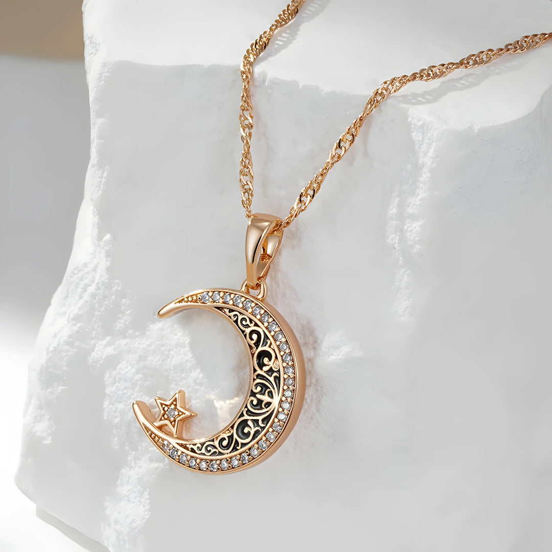 Colar Feminino Cobre Lua Crescente Estrela Filigrana Pavê Ouro Rosé 585