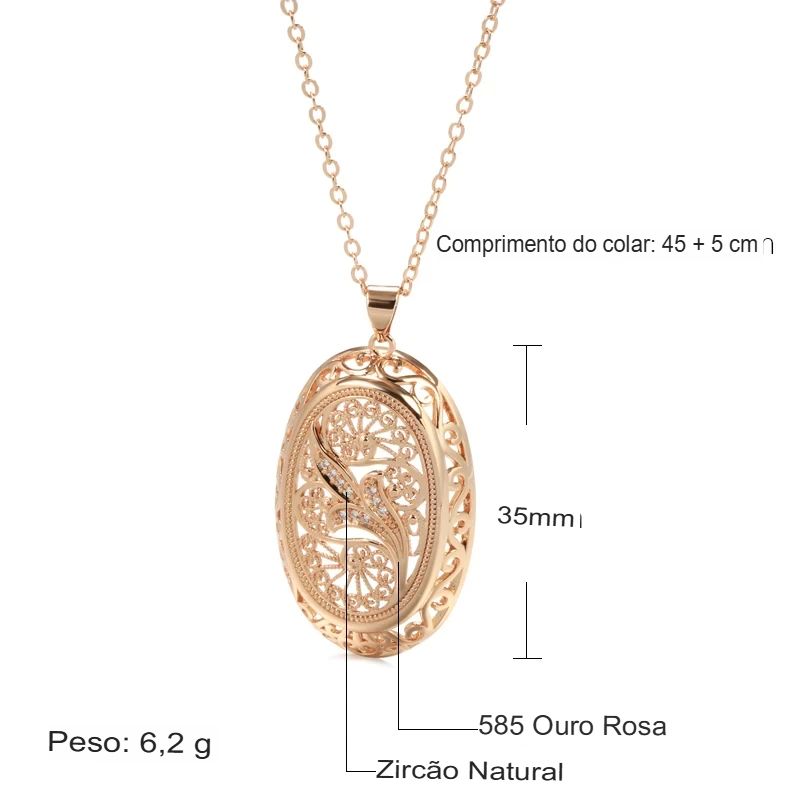 Colar Feminino Cobre Medalhão Oval Filigrana Paisley Zircônia Ouro Rosé 585
