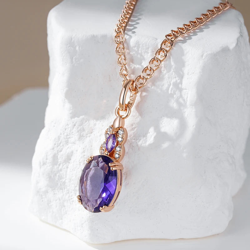 Colar Feminino Cobre Ametista Oval Bail Pétalas Zircônia Ouro Rosé 585