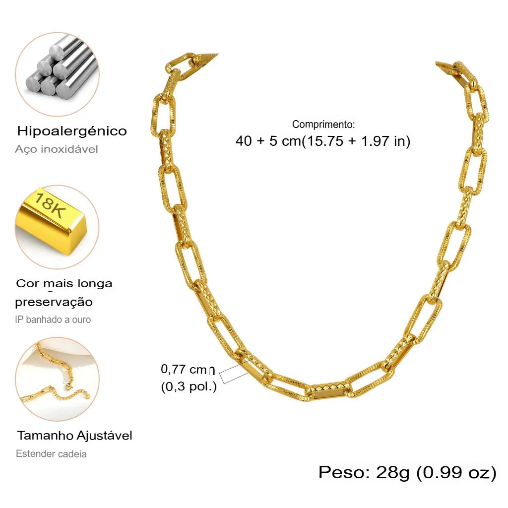 Kit Corrente E Pulseira Feminino Elos Retangulares Banhado Ouro 18k