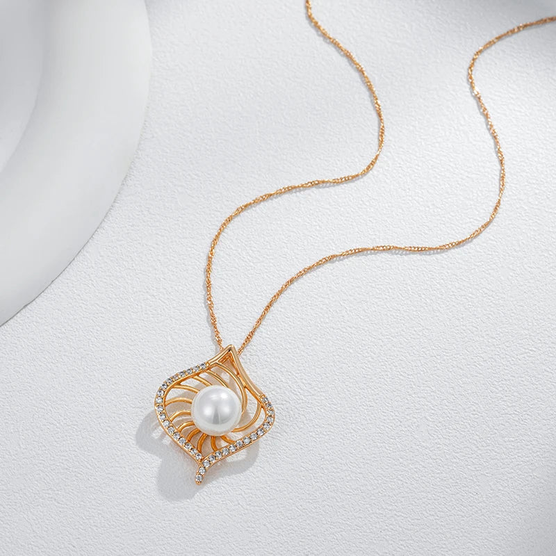 Colar Feminino Cobre Losango Pérola Pétalas Espiral Zircônia Ouro Amarelo 585