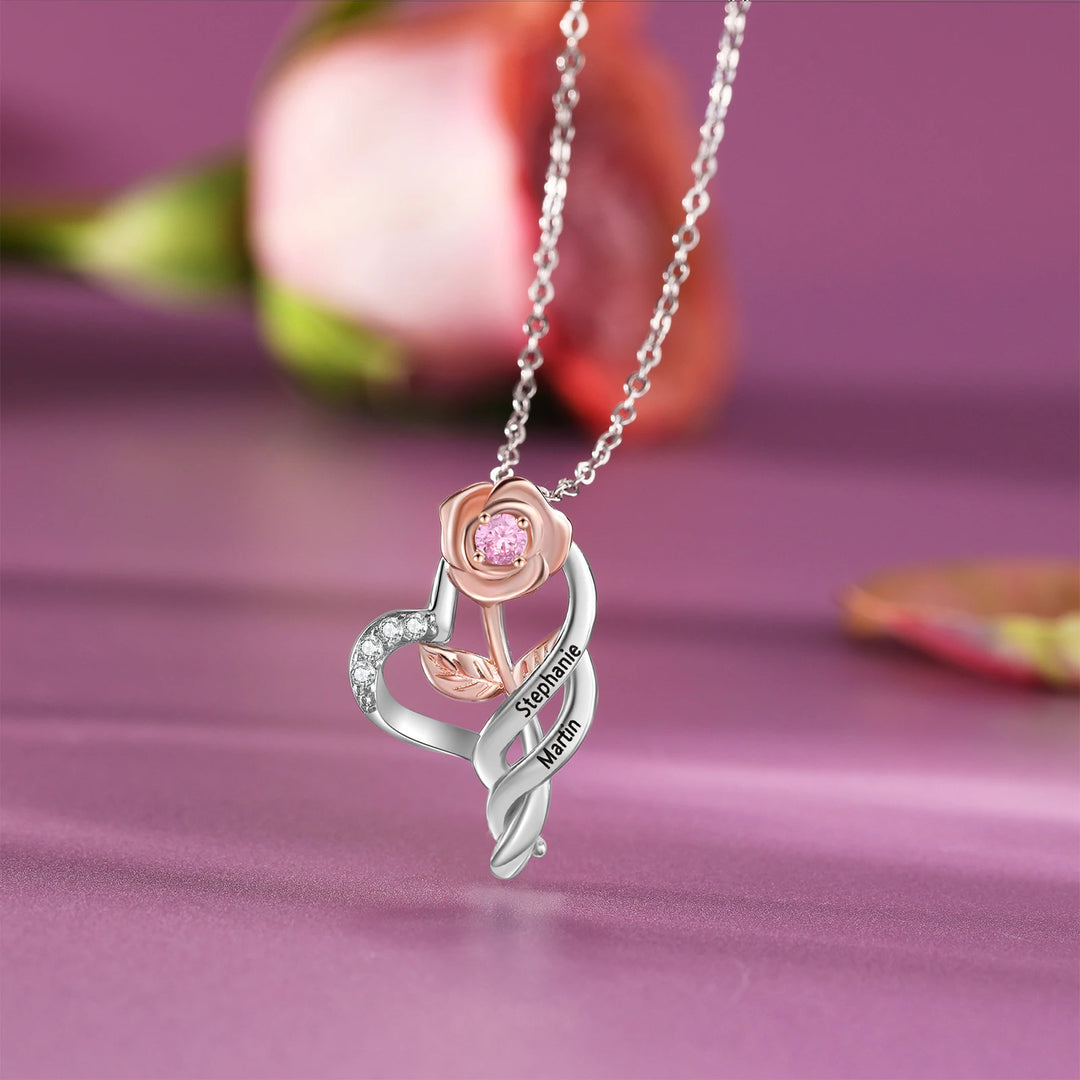 Pingente de flor rosa personalizado com pedra de aniversário, nome personalizado, colares gravados para mulheres, presentes de dia dos namorados para namoradas