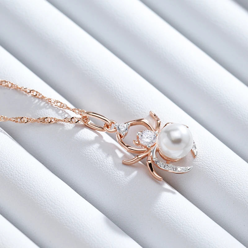 Colar Feminino Cobre Aranha Pérola Zircônia Ouro Rosé 585