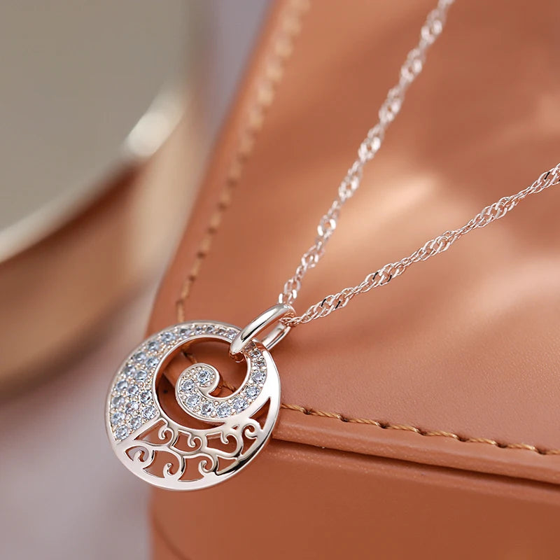 Colar Feminino Cobre Medalhão Espiral Zircônia Filigrana Ouro Rosé 585