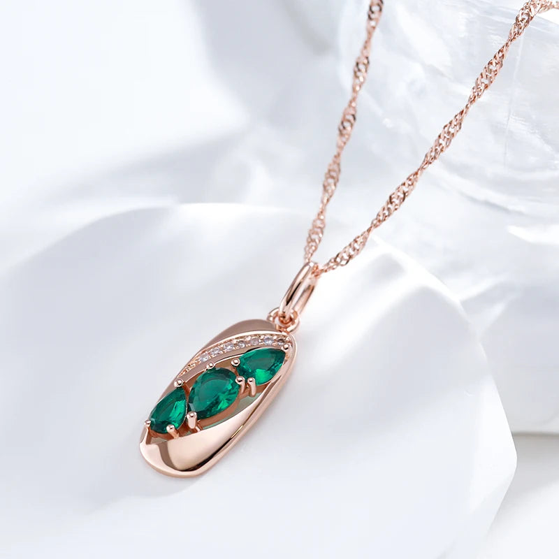 Colar Feminino Cobre Oval Esmeralda Verde Gota Zircônia Cristal Ouro Rosé