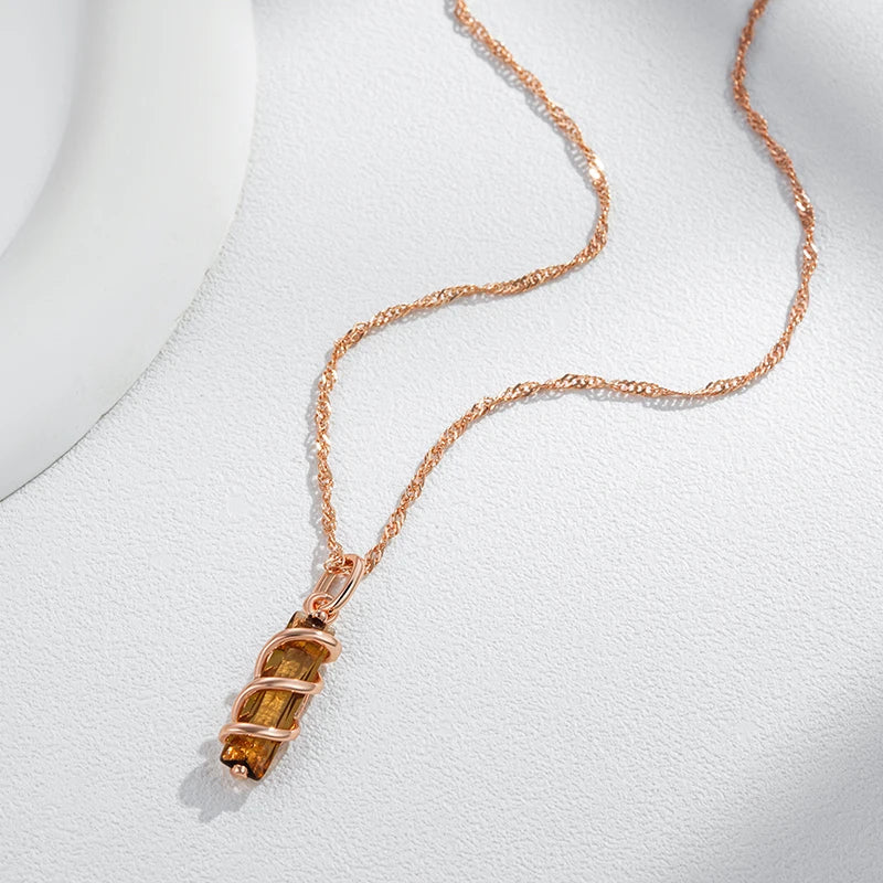 Colar Feminino Cobre Citrino Retangular Fita Torcida Escultural Âmbar Ouro Rosé 585
