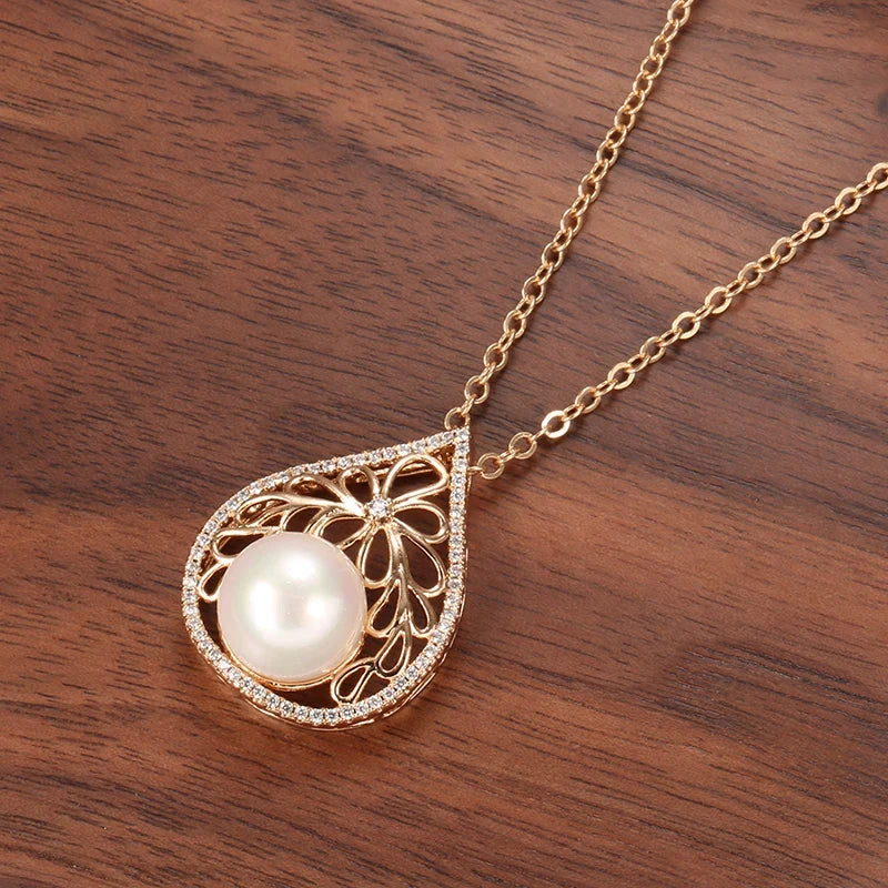 Colar Feminino Cobre Pérola Gota Filigrana Floral Pavê Zircônia Ouro Rosé 585