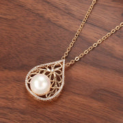 Colar Feminino Cobre Pérola Gota Filigrana Floral Pavê Zircônia Ouro Rosé 585