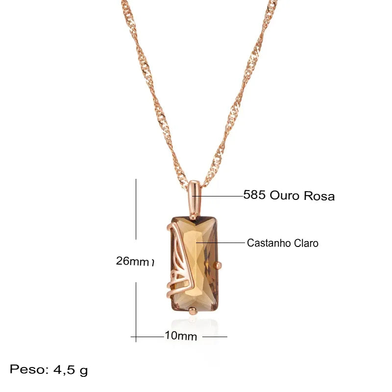 Colar Feminino Cobre Citrino Fumê Retangular Solitário Bail Forquilha Cognac Ouro Rosé 585