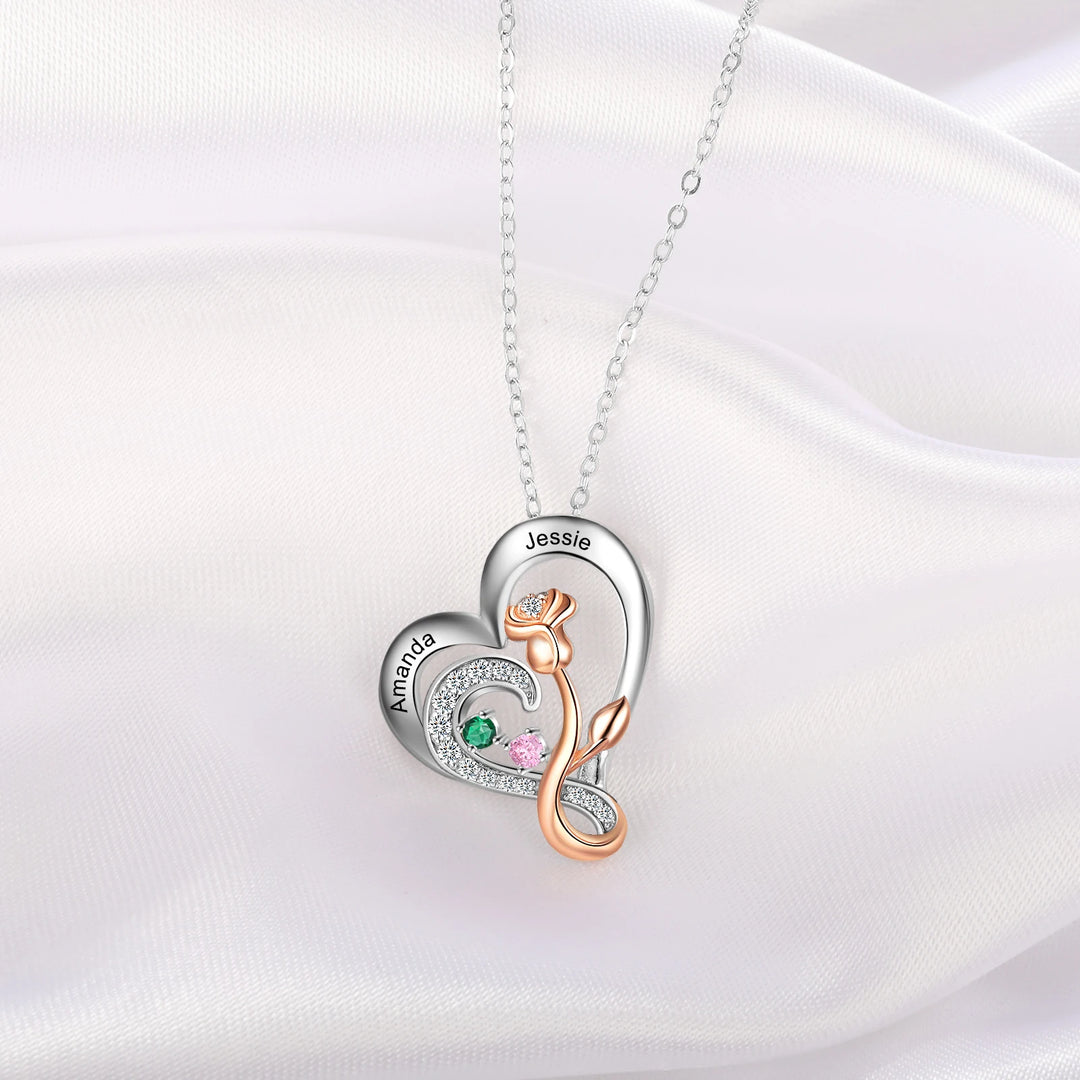 925 prata esterlina personalizado gravado nome coração pingente com birthstone rosa flor personalizado colar presentes de natal