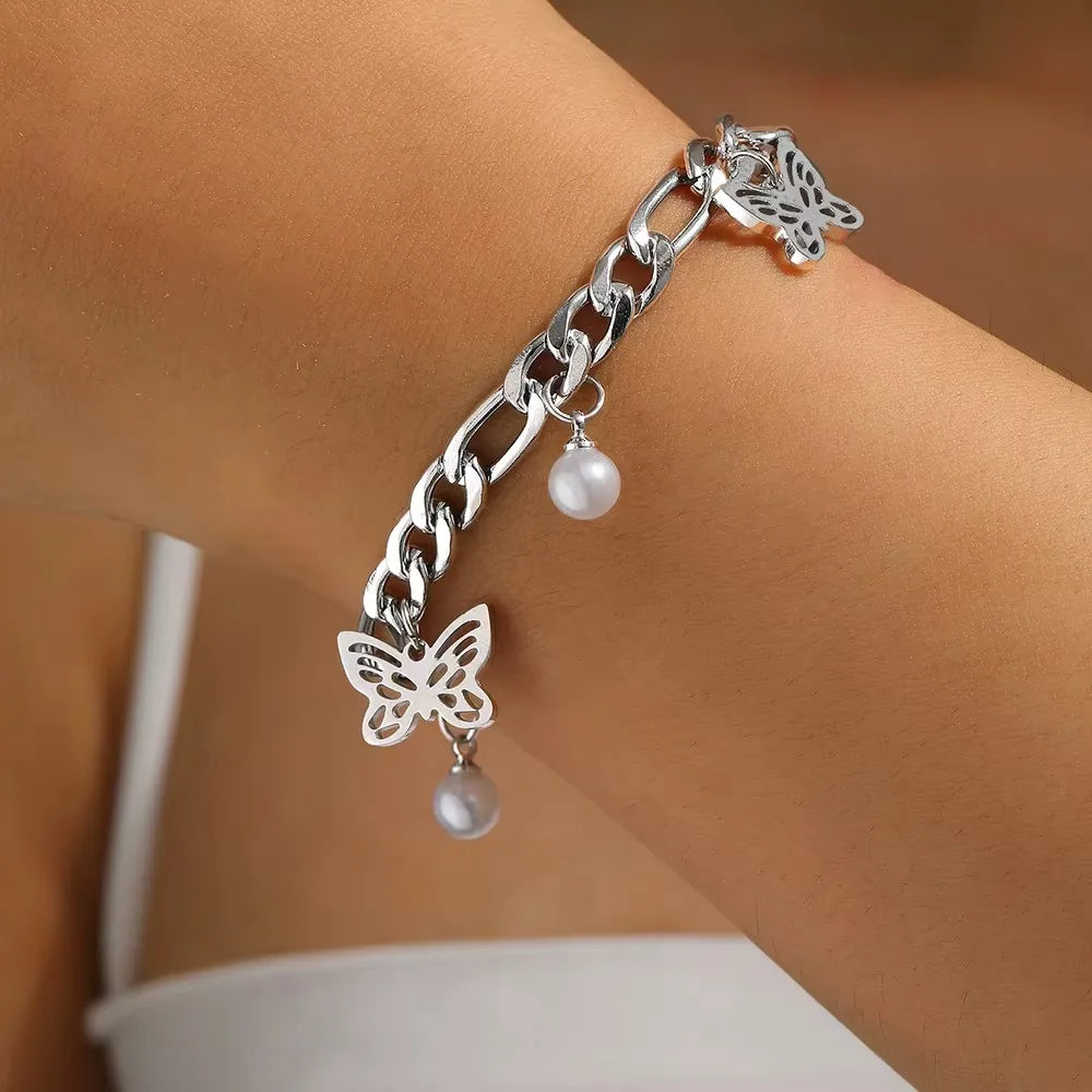 Pulseira Feminina Borboleta Pérola Em Aço Inoxidável