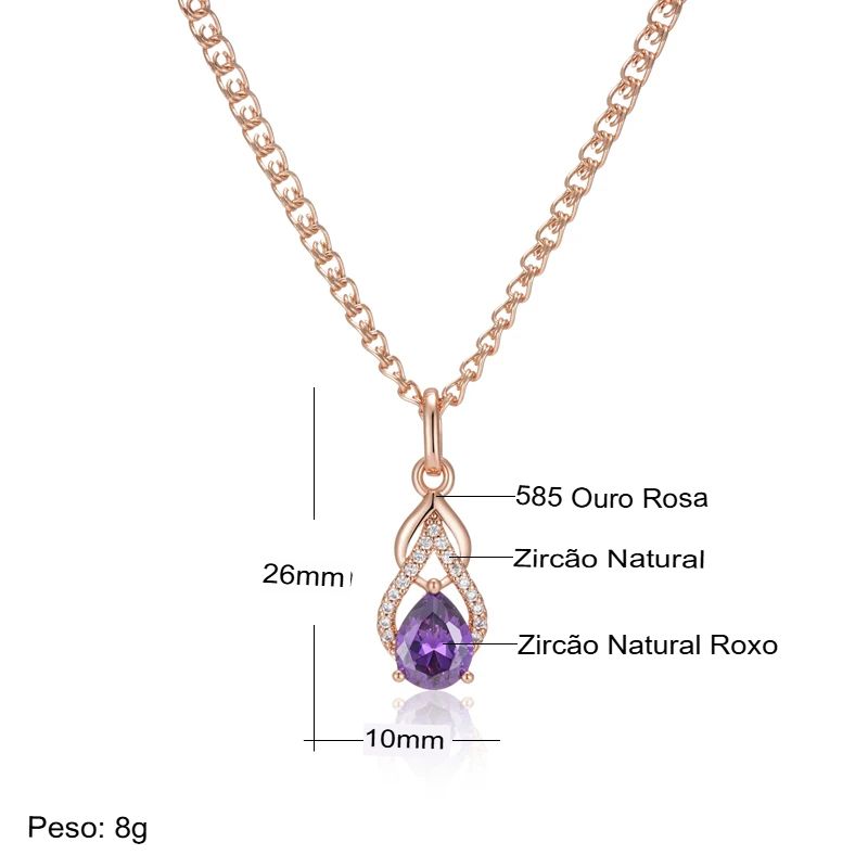Colar Feminino Cobre Ametista Gota Laço Zircônia Ouro Rosé 585