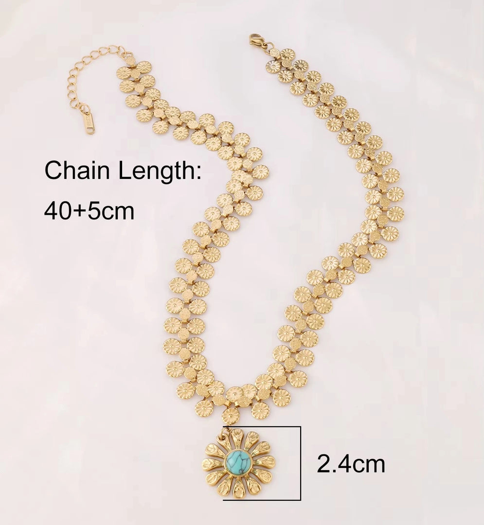 Colar Feminino Choker Flor Turquesa Solar – Aço Inoxidável