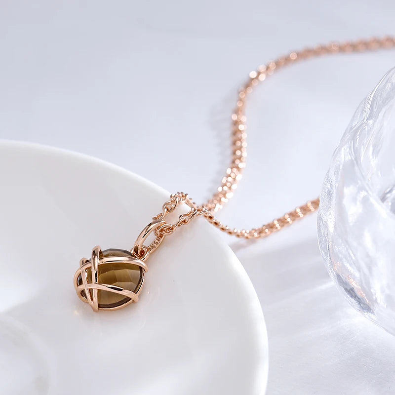 Colar Feminino Cobre Quartzo Fumê Redondo Gaiola Cruzada Ouro Rosé 585