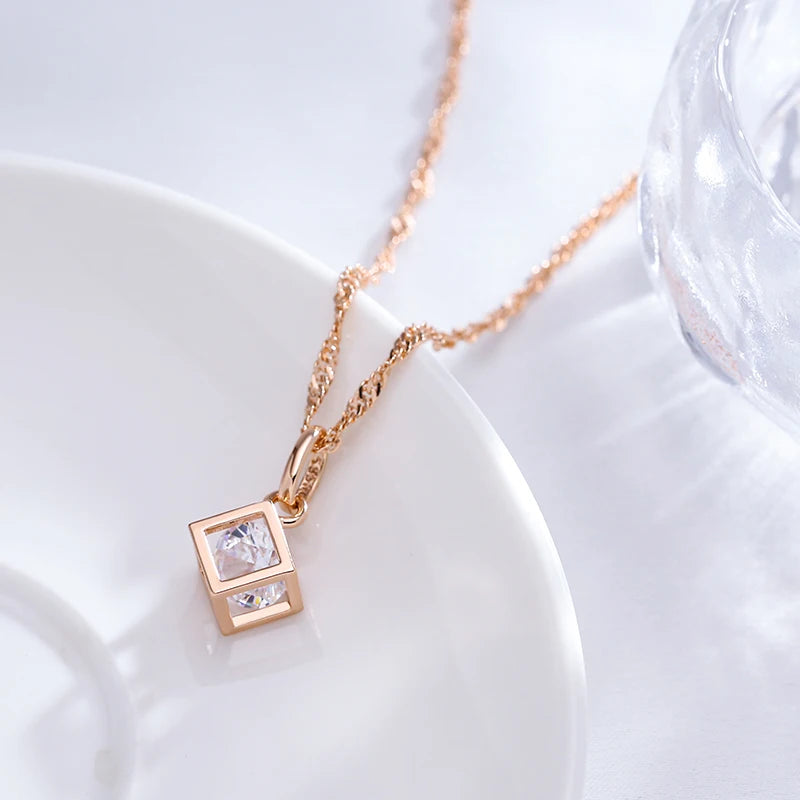 Colar Feminino Cobre Cubo Zircônia Cristal Geométrico Ouro Rosé