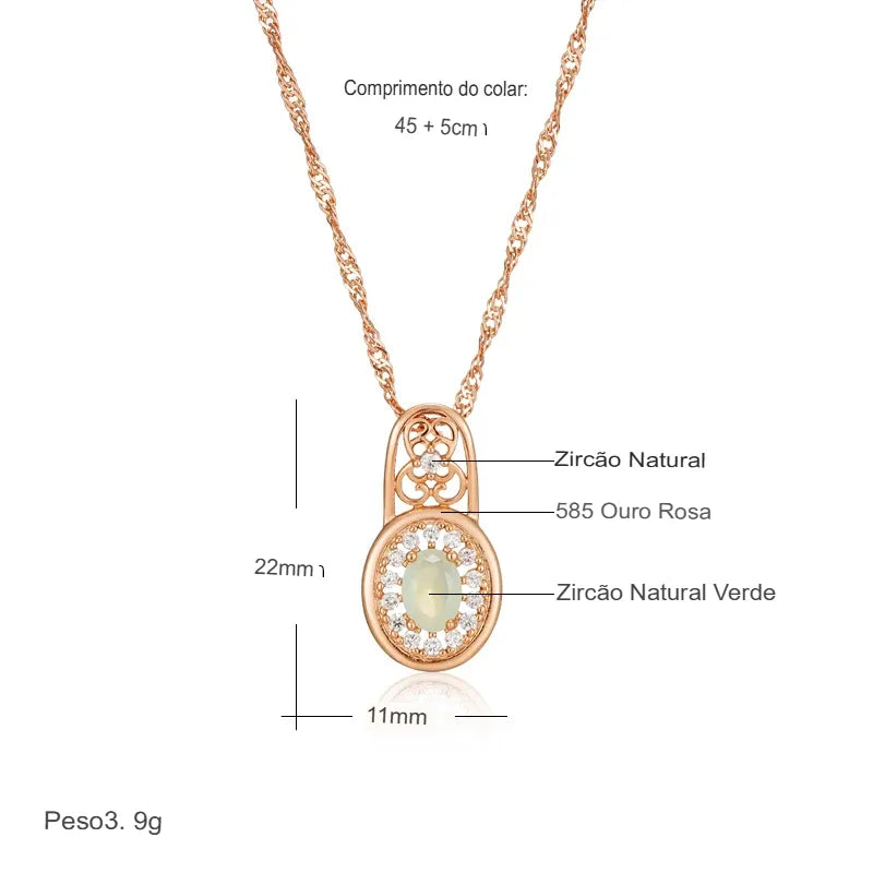 Colar Feminino Cobre Circular Jade Verde Halo Zircônia Arabesco Ouro Rosé