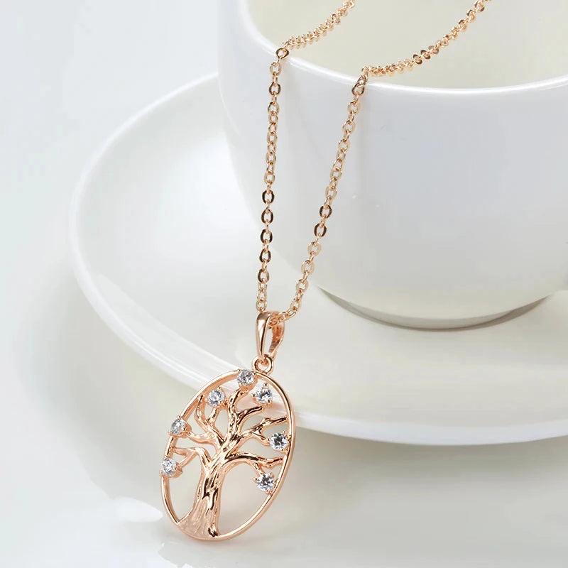 Colar Feminino Cobre Árvore da Vida Oval Zircônia Tronco 3D Ouro Rosé 585