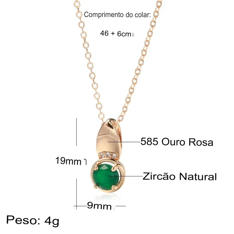 Colar Feminino Cobre Esmeralda Redonda Solitário Bail Meia-Lua Zircônia Ouro Rosé 585
