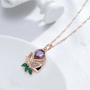 Colar Feminino Cobre Flor Zircônia Roxa e Verde Elegante Ouro Rosé