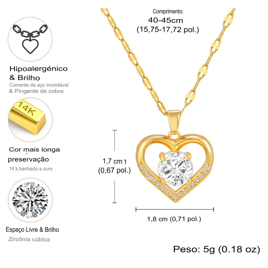 Colar Feminino Coração com Zircônias Luxo em Aço Inoxidável