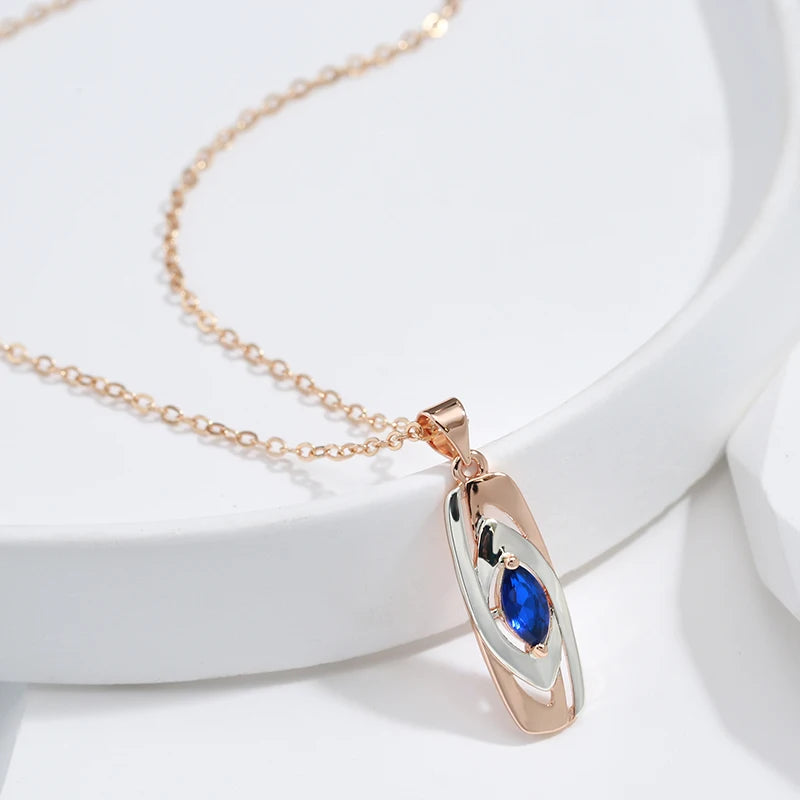Colar Feminino Cobre Placa Onda Azul Marquise Bicolor Ouro Rosé