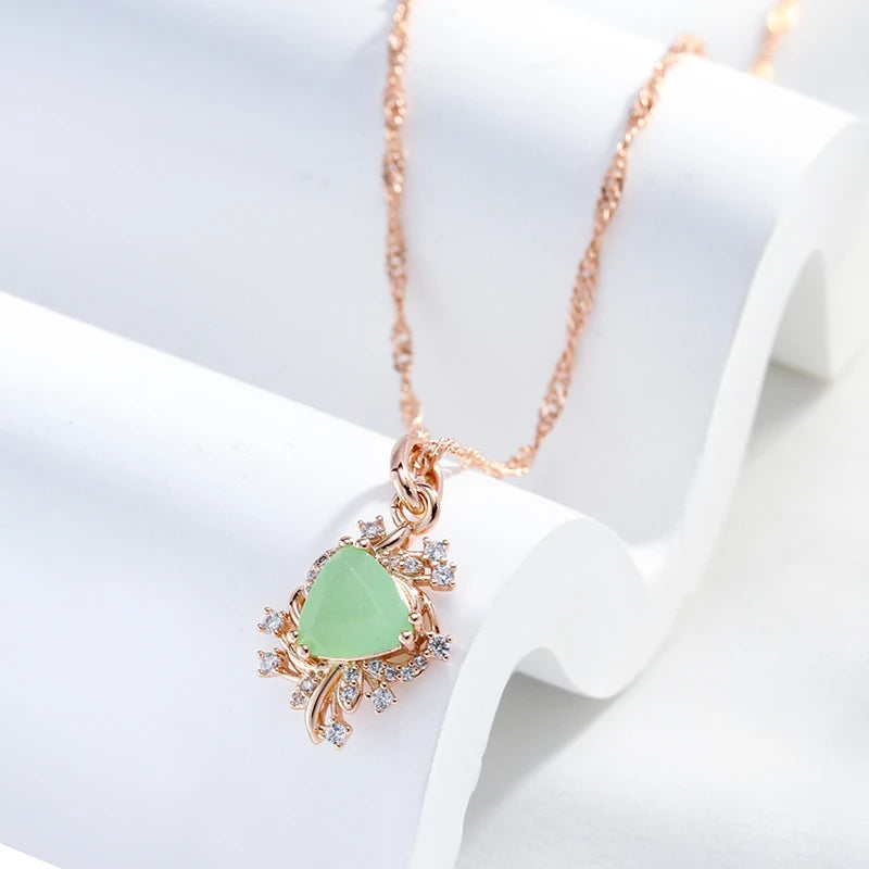Colar Feminino Cobre Jade Triangular Moldura Floral Zircônia Verde Menta Ouro Rosé 585