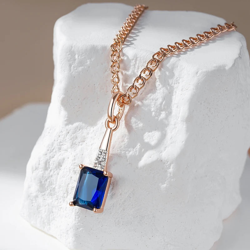 Colar Feminino Cobre Safira Quadrada Solitário Bail Zircônia Ouro Rosé 585