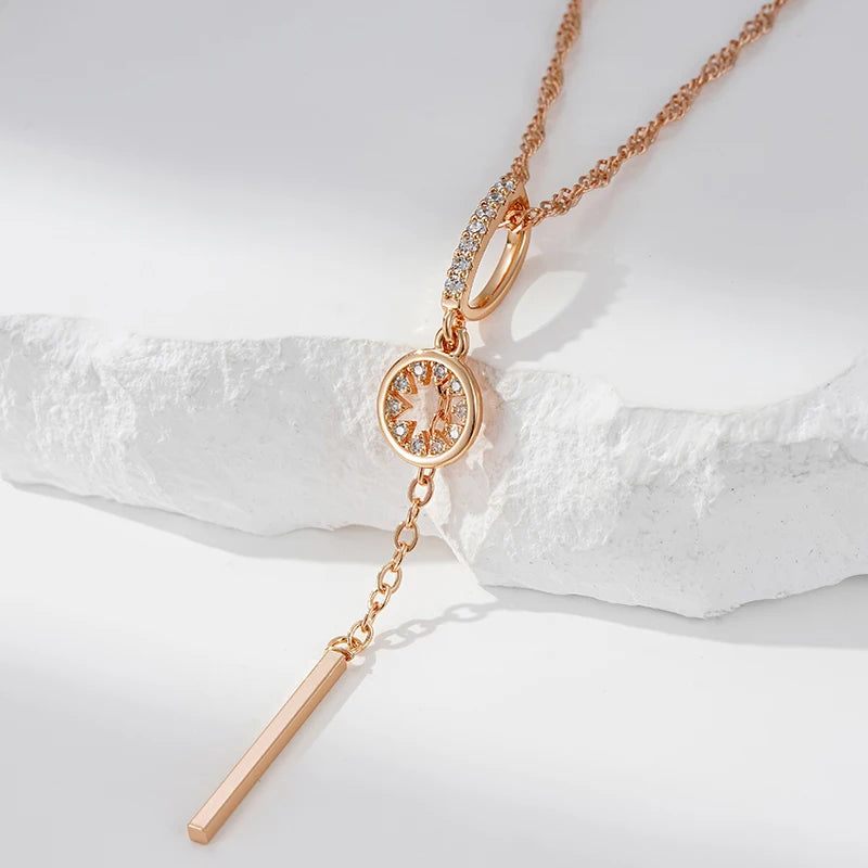 Colar Feminino Cobre Círculo Oco Zircônia Barra Pendente Ouro Rosé 585