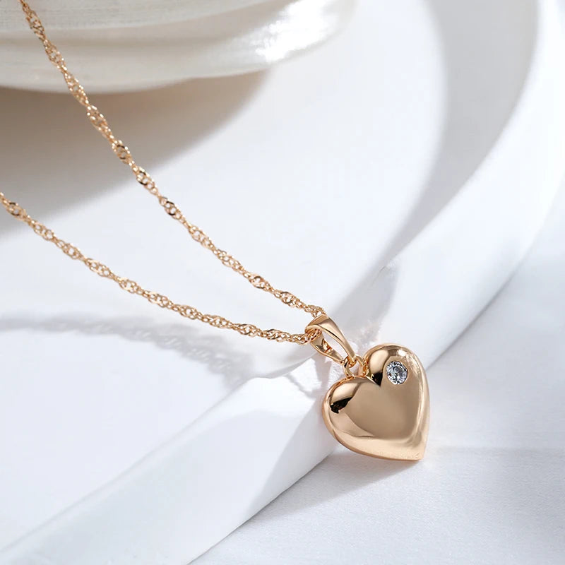 Colar Feminino Cobre Coração 3D Volumoso Polido Zircônia Solitária Ouro Rosé 585