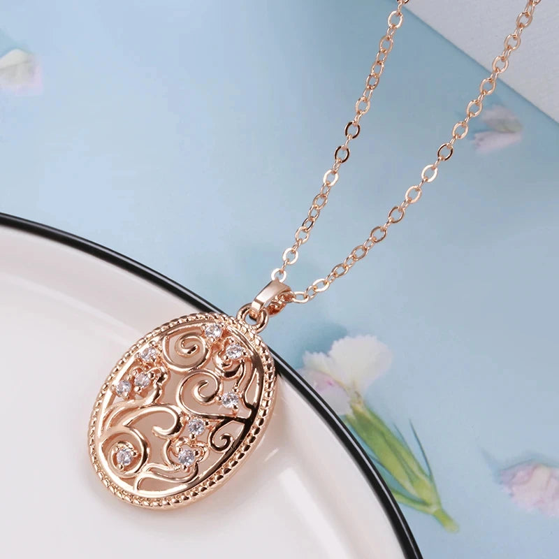 Colar Feminino Cobre Oval Filigrana Arabesco Zircônia Ouro Rosé 585