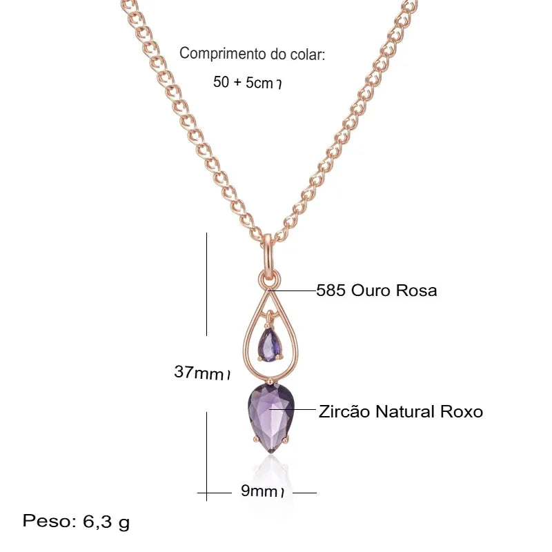 Colar Feminino Cobre Dupla Gota Zircônia Roxa Ametista Ouro Rosé