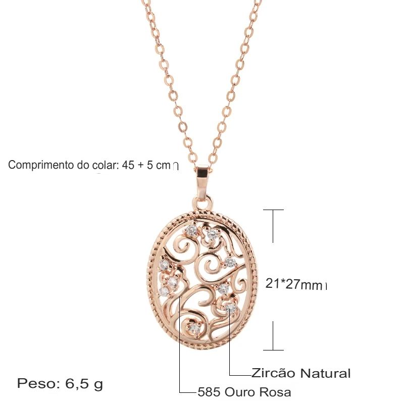 Colar Feminino Cobre Oval Filigrana Arabesco Zircônia Ouro Rosé 585