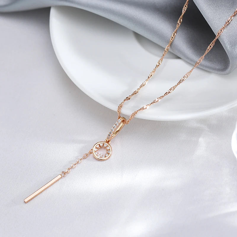 Colar Feminino Cobre Círculo Oco Zircônia Barra Pendente Ouro Rosé 585