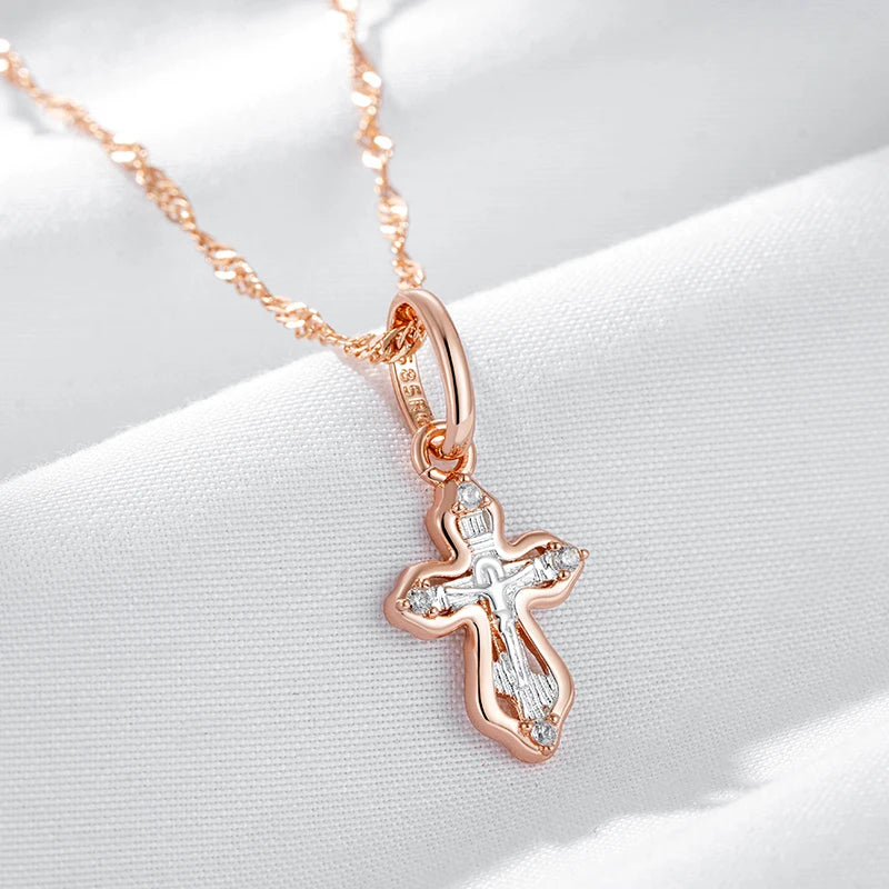 Colar Feminino Cobre Cruz Ortodoxa Zircônia Ouro Rosé 585