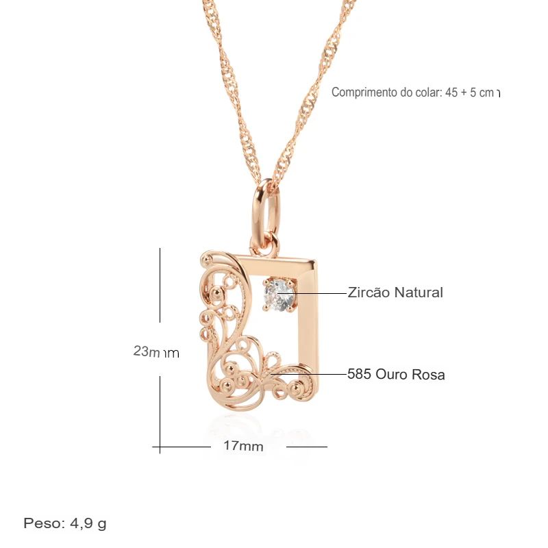 Colar Feminino Cobre Quadrado Arabesco Floral Zircônia Ouro Rosé 585