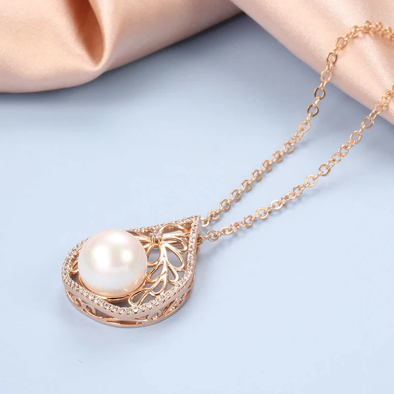 Colar Feminino Cobre Pérola Gota Filigrana Floral Pavê Zircônia Ouro Rosé 585