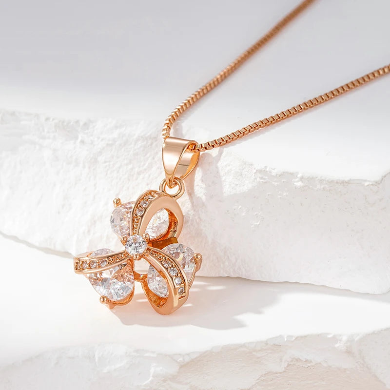 Colar Feminino Cobre Flor Giratória 3 Pétalas Pear Pavê Zircônia Veneziana Ouro Rosé 585