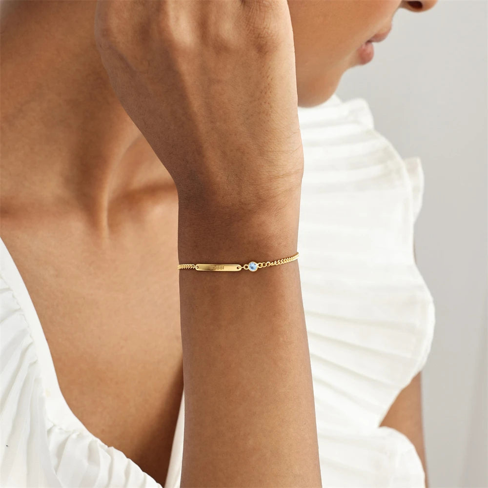 Pulseira Personalizada com Pedra de Aniversário e Nome Gravado