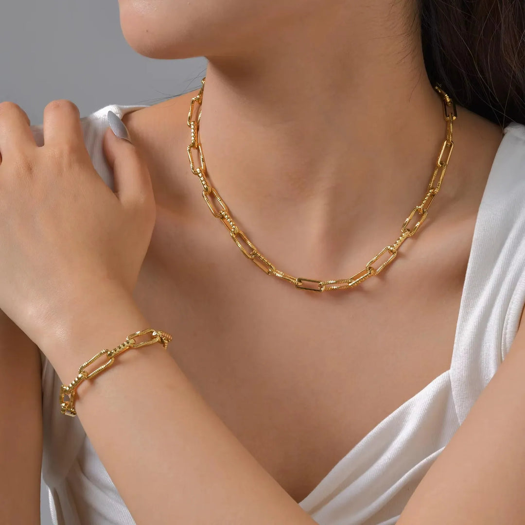 Kit Corrente E Pulseira Feminino Elos Retangulares Banhado Ouro 18k