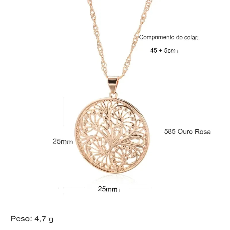 Colar Feminino Cobre Medalão Floral Arabesco Vazado Ouro Rosé